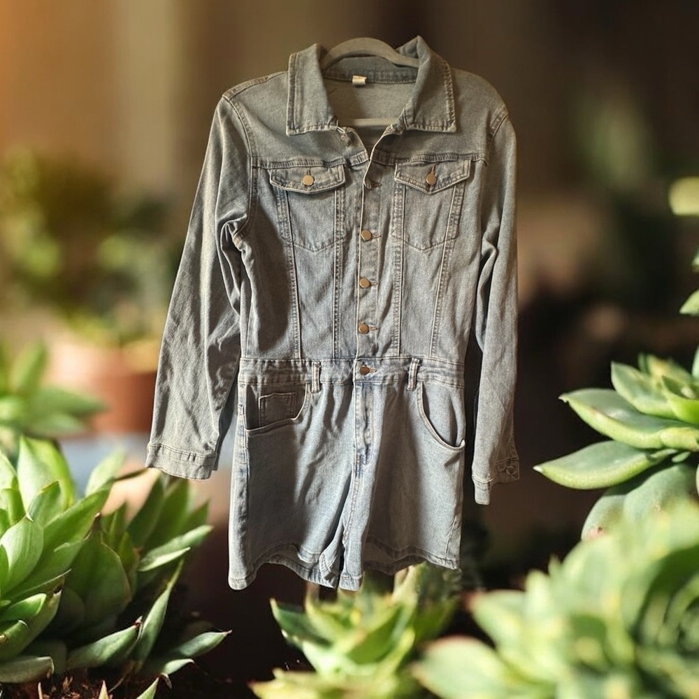 Denim Long Sleeve Romper - Picture 2 of 7